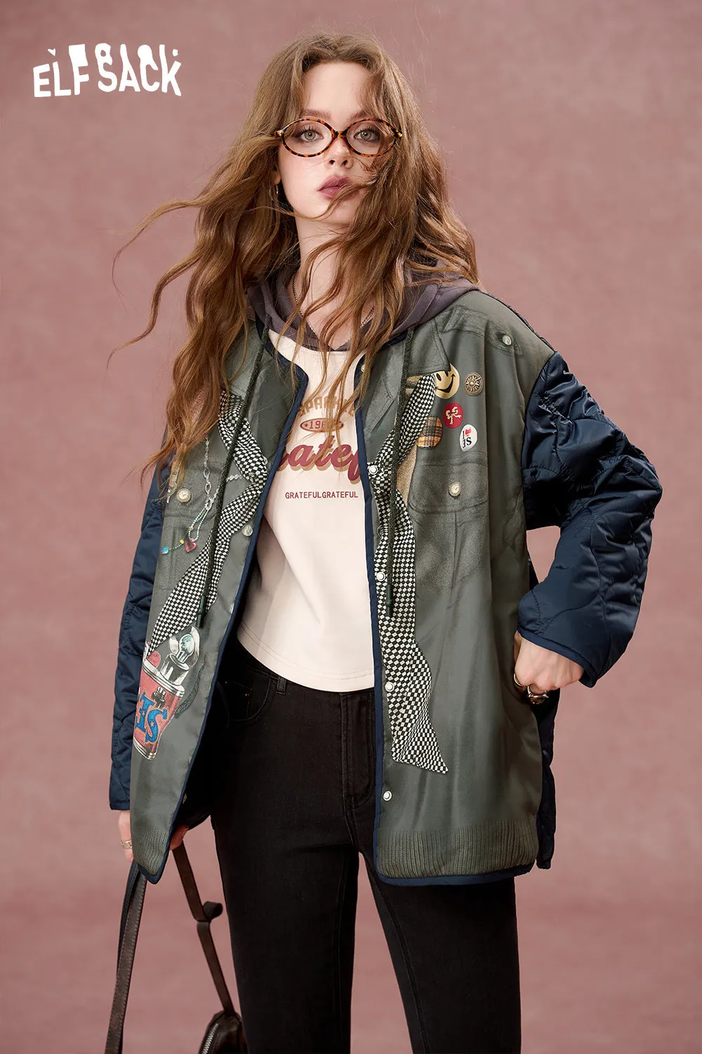 ELFSACK 2024 Autumn New Arrivals Printed loose retro mid-length casual cotton jacket for women,