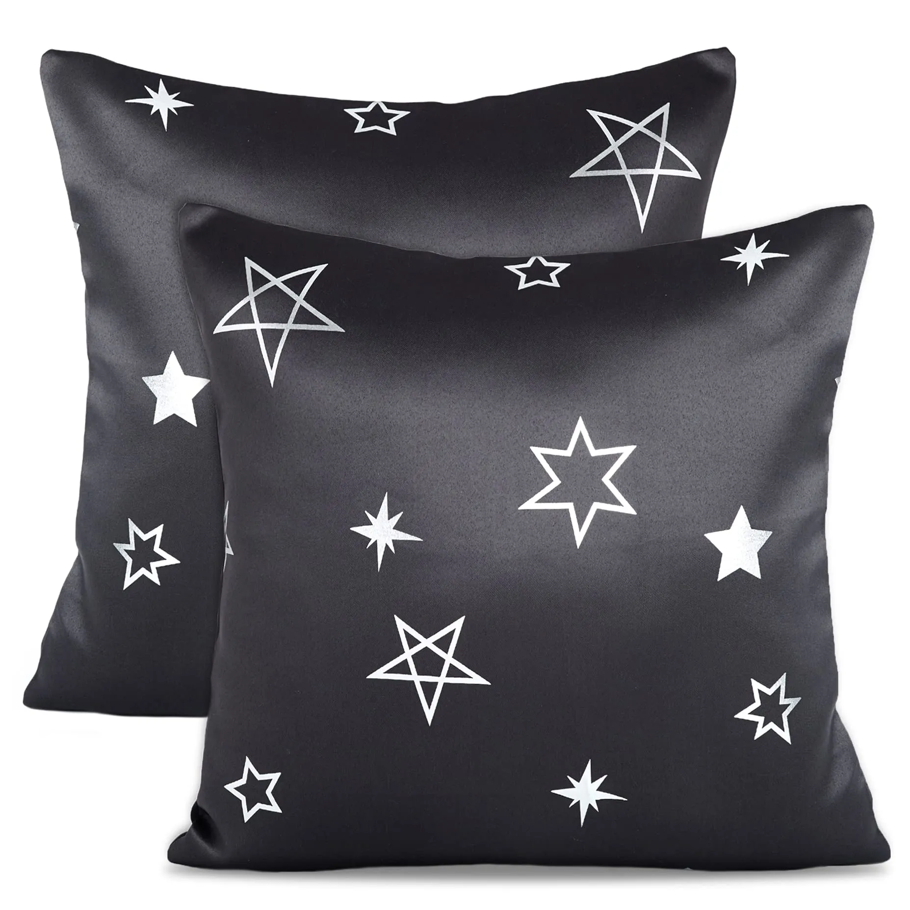 Encasa Homes Cushion Covers (50x50 cm, 2pc set) I Star Grey I Silver Foil Print on Heavy Soft Satin I Machine Washable I Many sizes & colors