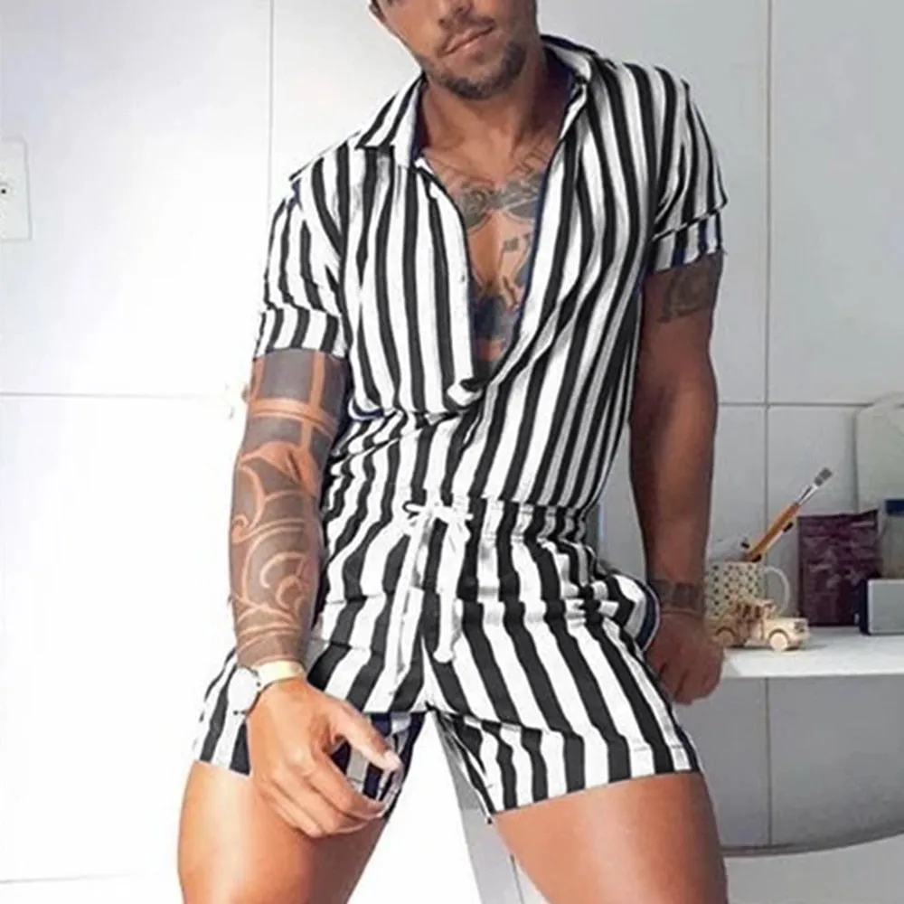 Fashion Men Striped Rompers Short Sleeve Button Shorts Lapel Jumpsuit Drawstring Streetwear 2023 Casual Playsuit Hombre