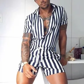 Fashion Men Striped Rompers Short Sleeve Button Shorts Lapel Jumpsuit Drawstring Streetwear 2023 Casual Playsuit Hombre