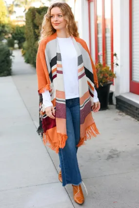 Feeling Special Grey & Rust Striped Tassel Fringe Open Poncho