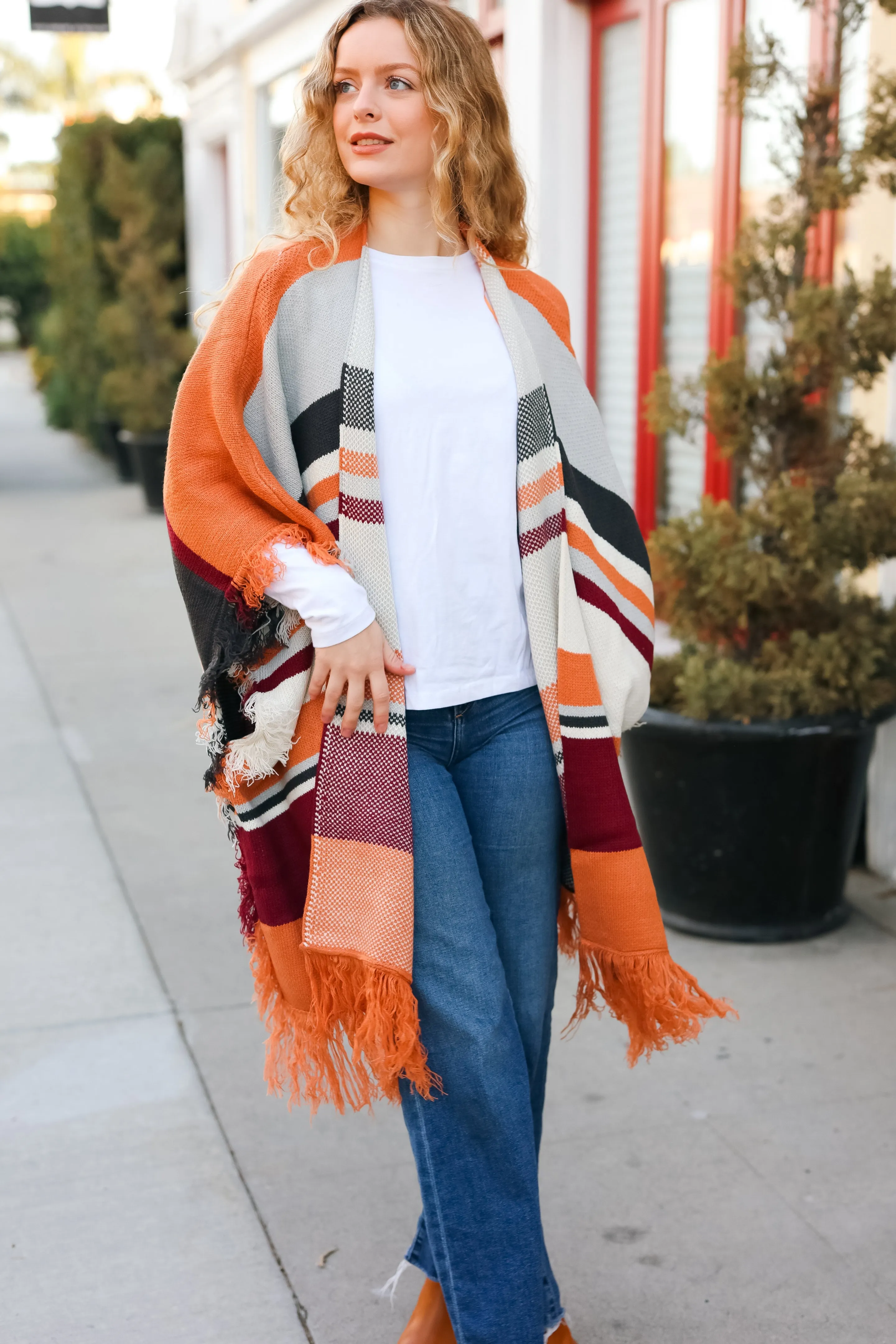 Feeling Special Grey & Rust Striped Tassel Fringe Open Poncho