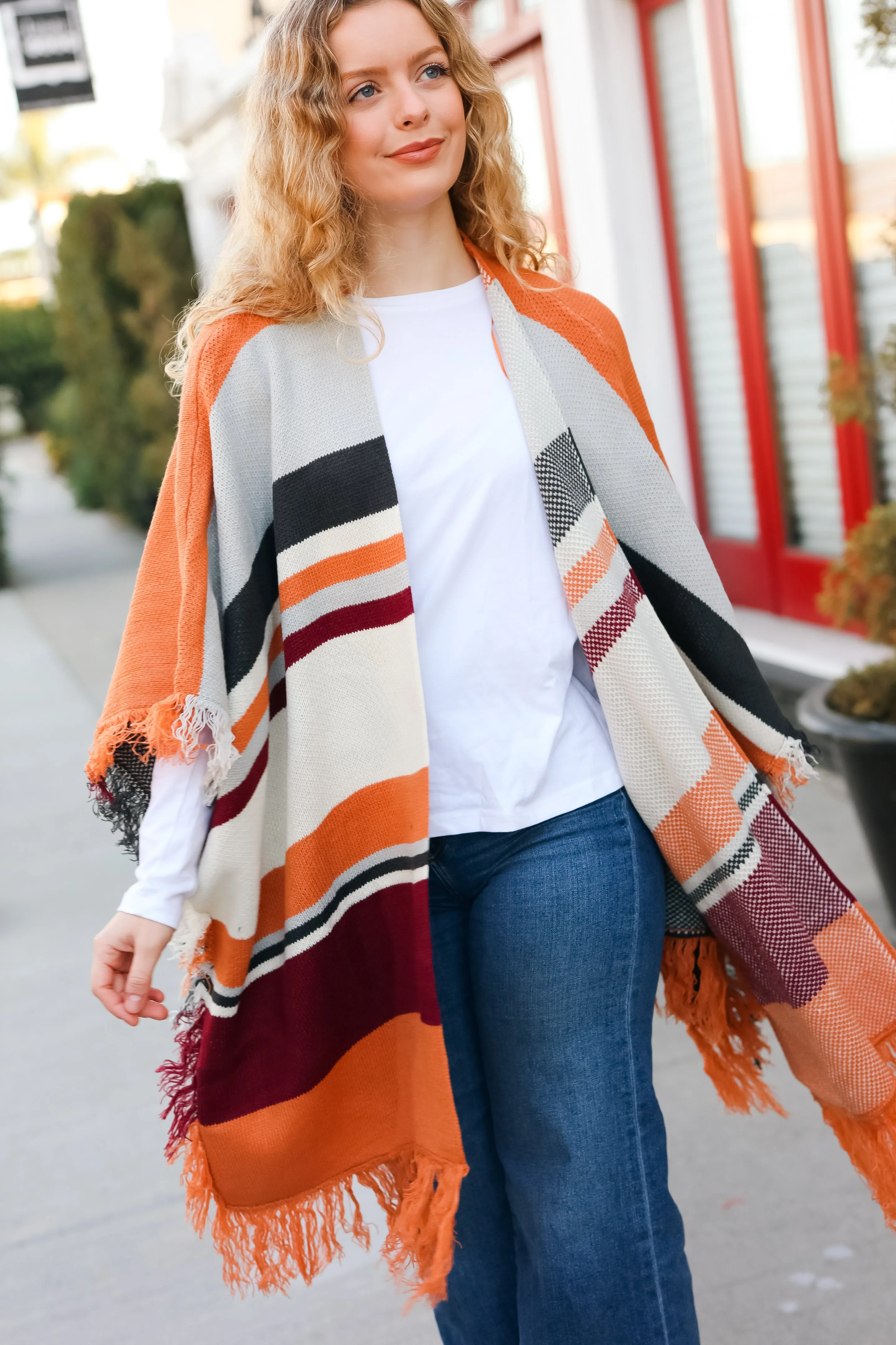 Feeling Special Grey & Rust Striped Tassel Fringe Open Poncho