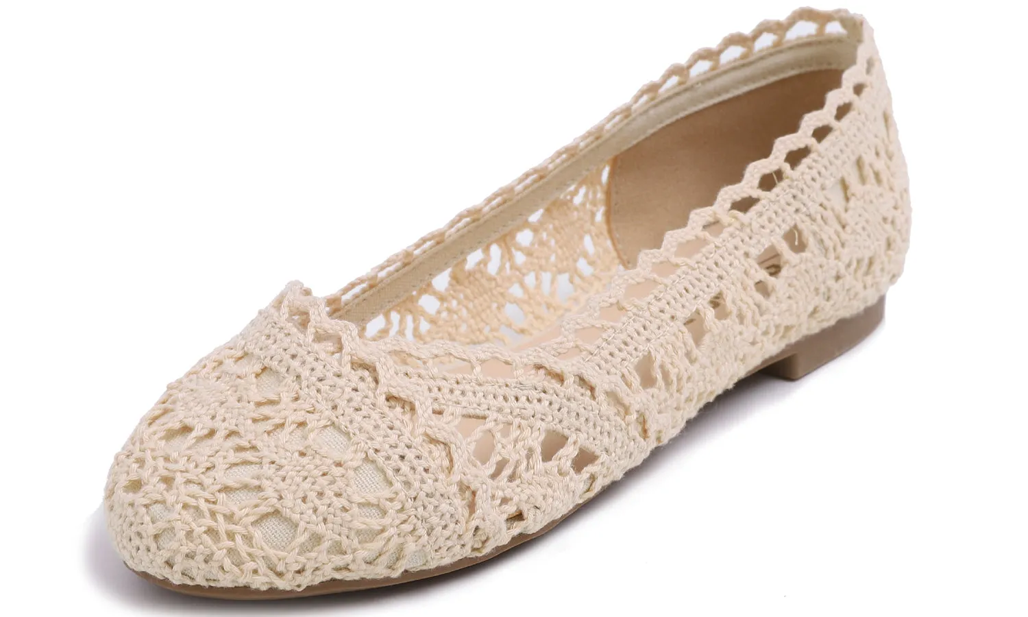 Feversole Round Toe Lace Ballet Crochet Flats Women's Comfy Breathable Shoes Beige Knit Crochet