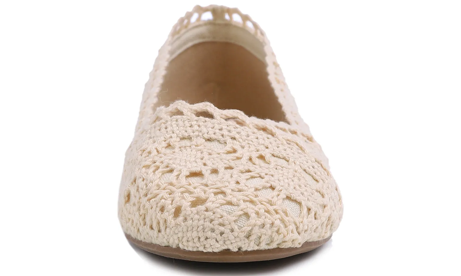 Feversole Round Toe Lace Ballet Crochet Flats Women's Comfy Breathable Shoes Beige Knit Crochet