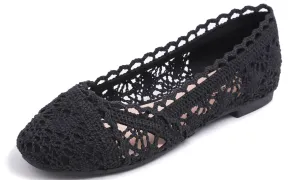 Feversole Round Toe Lace Ballet Crochet Flats Women's Comfy Breathable Shoes Black Knit Crochet