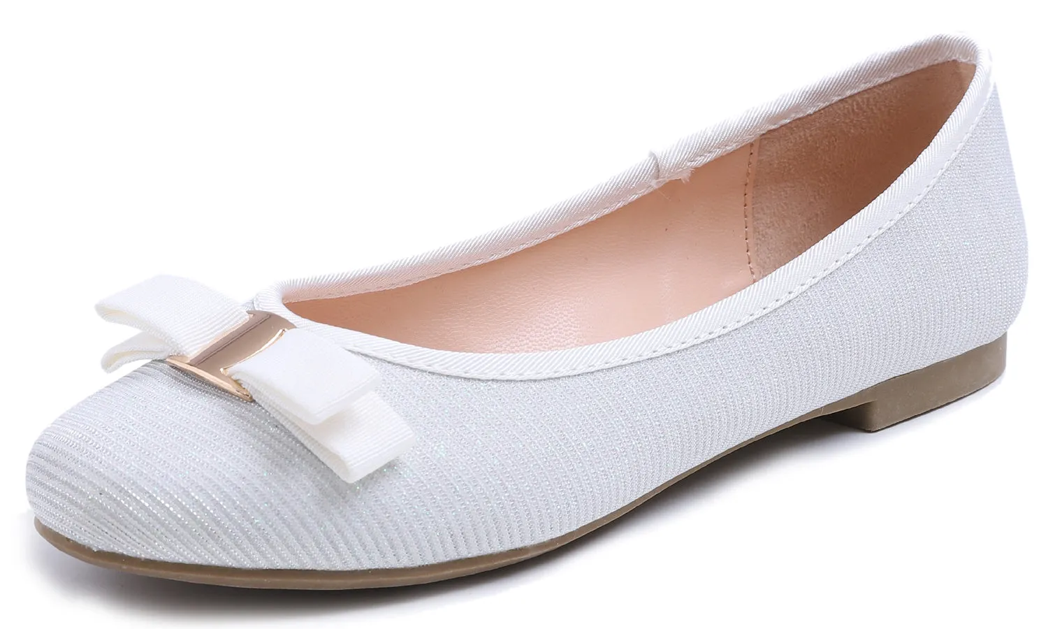 Feversole Women's Fashion Bow Round Toe Ballet Flat White Lurex