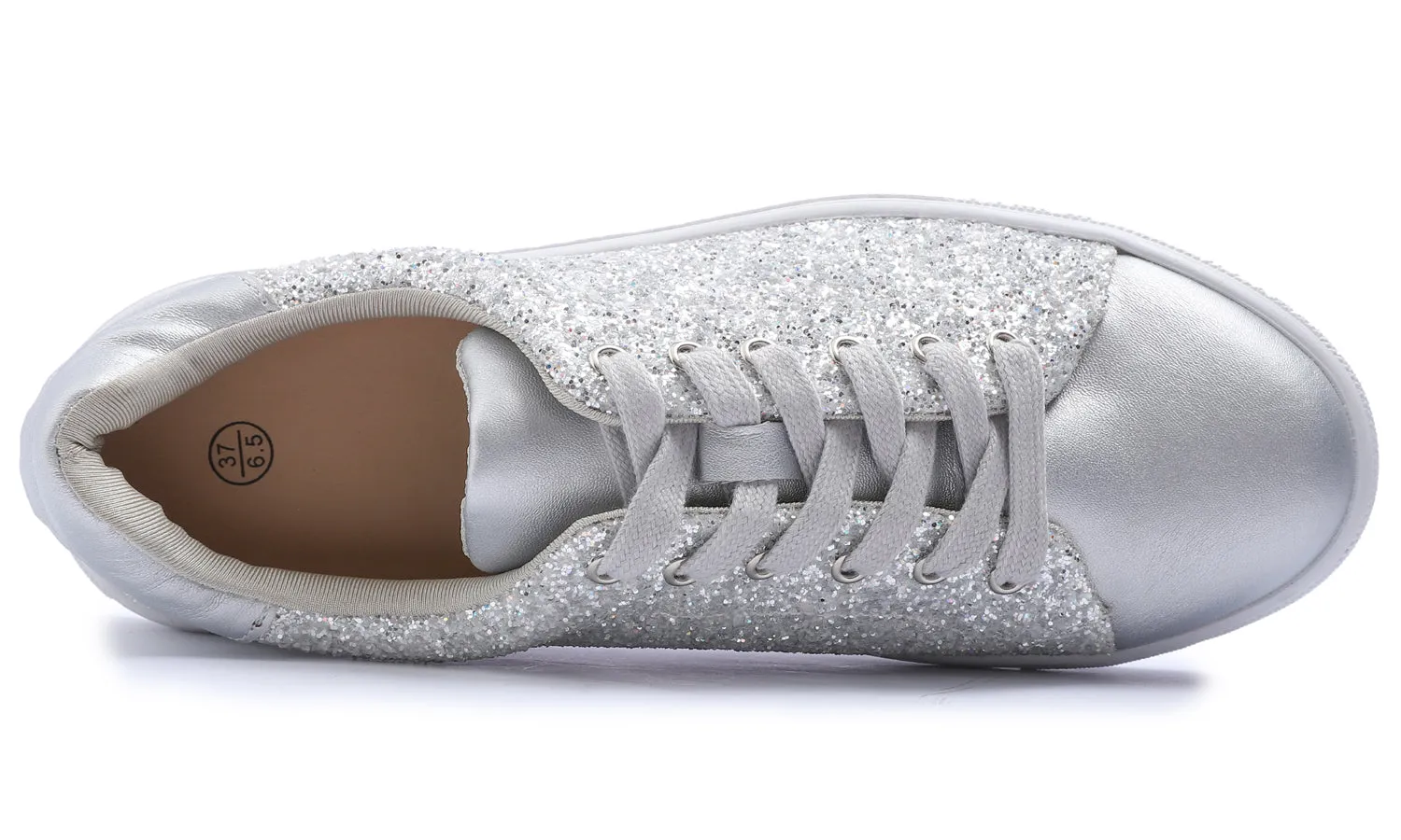 Feversole Women's Fashion Dress Sneakers Party Bling Casual Flats Embellished Shoes Ice Silver Glitter Lace