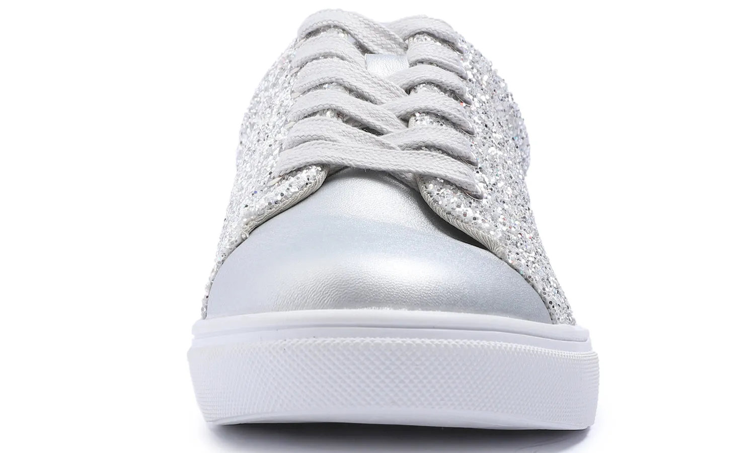 Feversole Women's Fashion Dress Sneakers Party Bling Casual Flats Embellished Shoes Ice Silver Glitter Lace