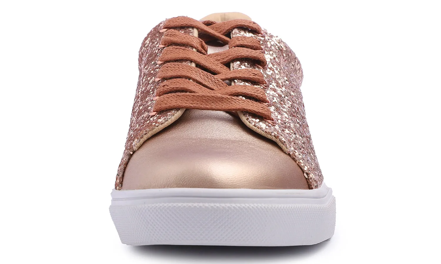 Feversole Women's Fashion Dress Sneakers Party Bling Casual Flats Embellished Shoes Rose Gold Glitter Lace