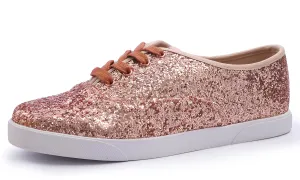 Feversole Women's Fashion Dress Sneakers Party Bling Casual Flats Embellished Shoes Rose Gold Plimsolls Glitter Lace