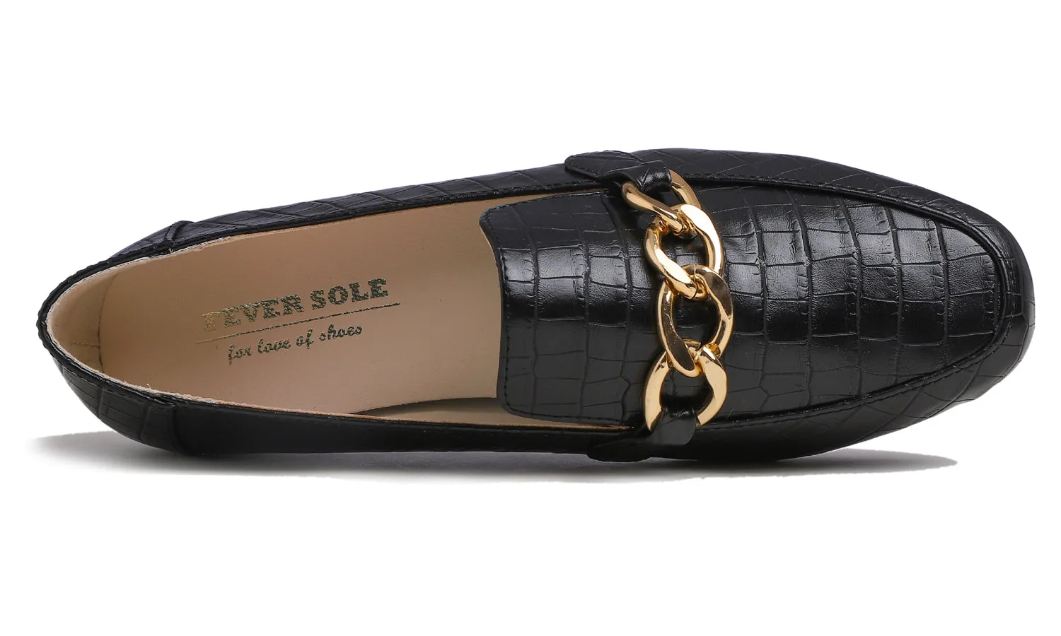 Feversole Women's Fashion Trim Deco Loafer Flats Black Croc Chain