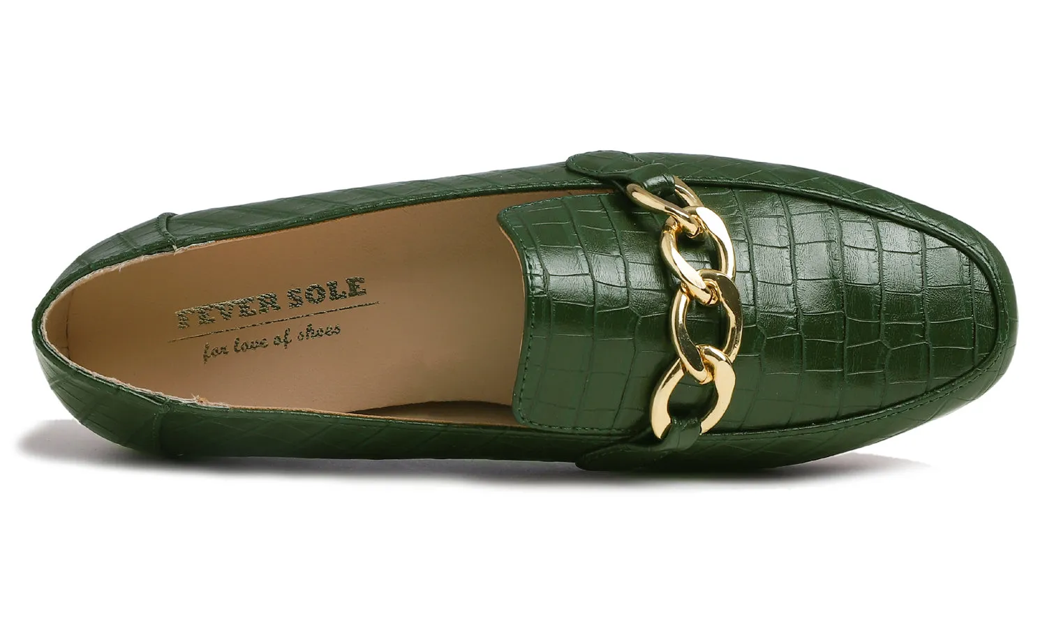 Feversole Women's Fashion Trim Deco Loafer Flats Dark Green Croc Chain