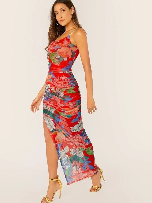 Floral Print Slit Hem Draped Slip Dress