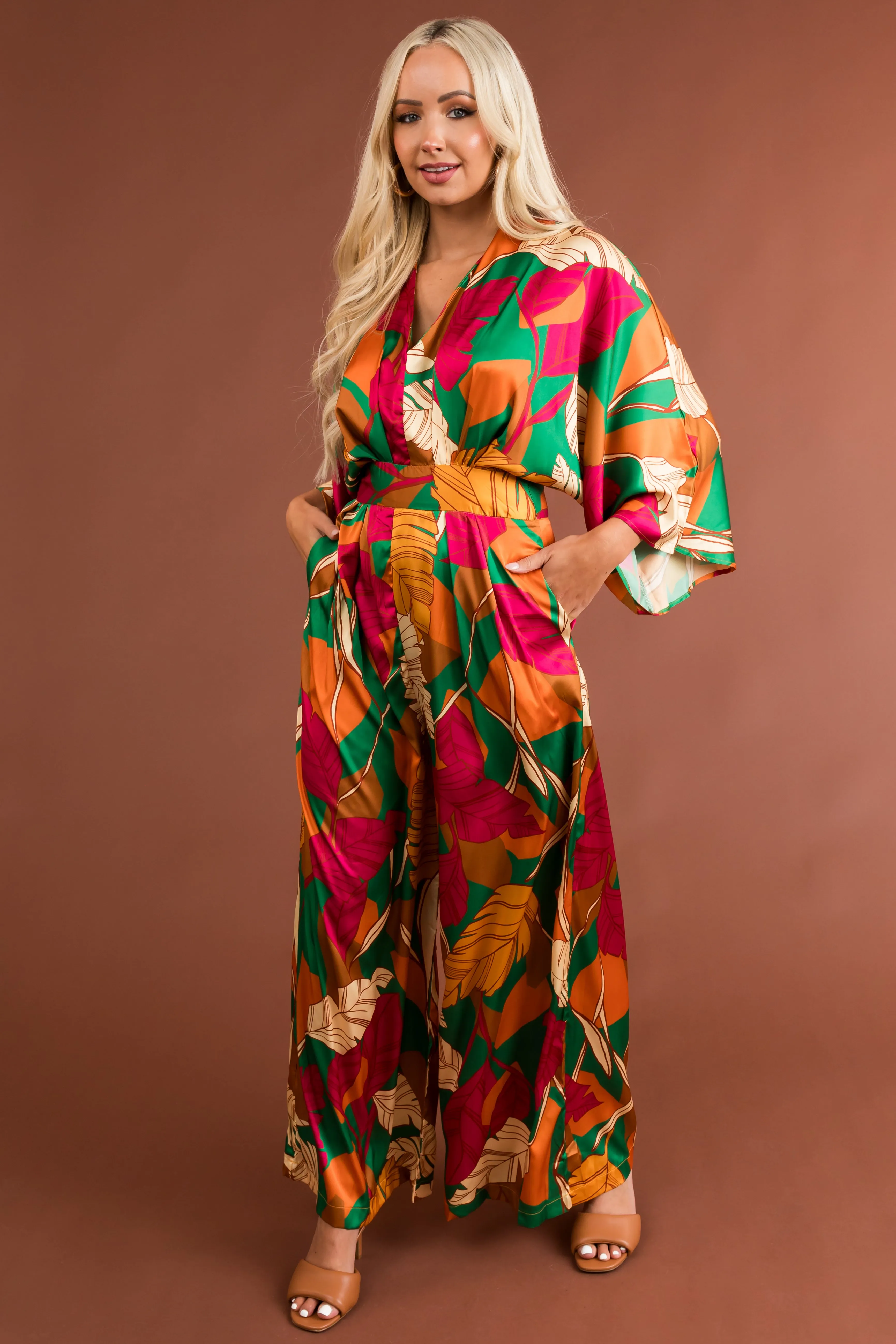 Flying Tomato Fuchsia Leaf Print Satin Jumpsuit