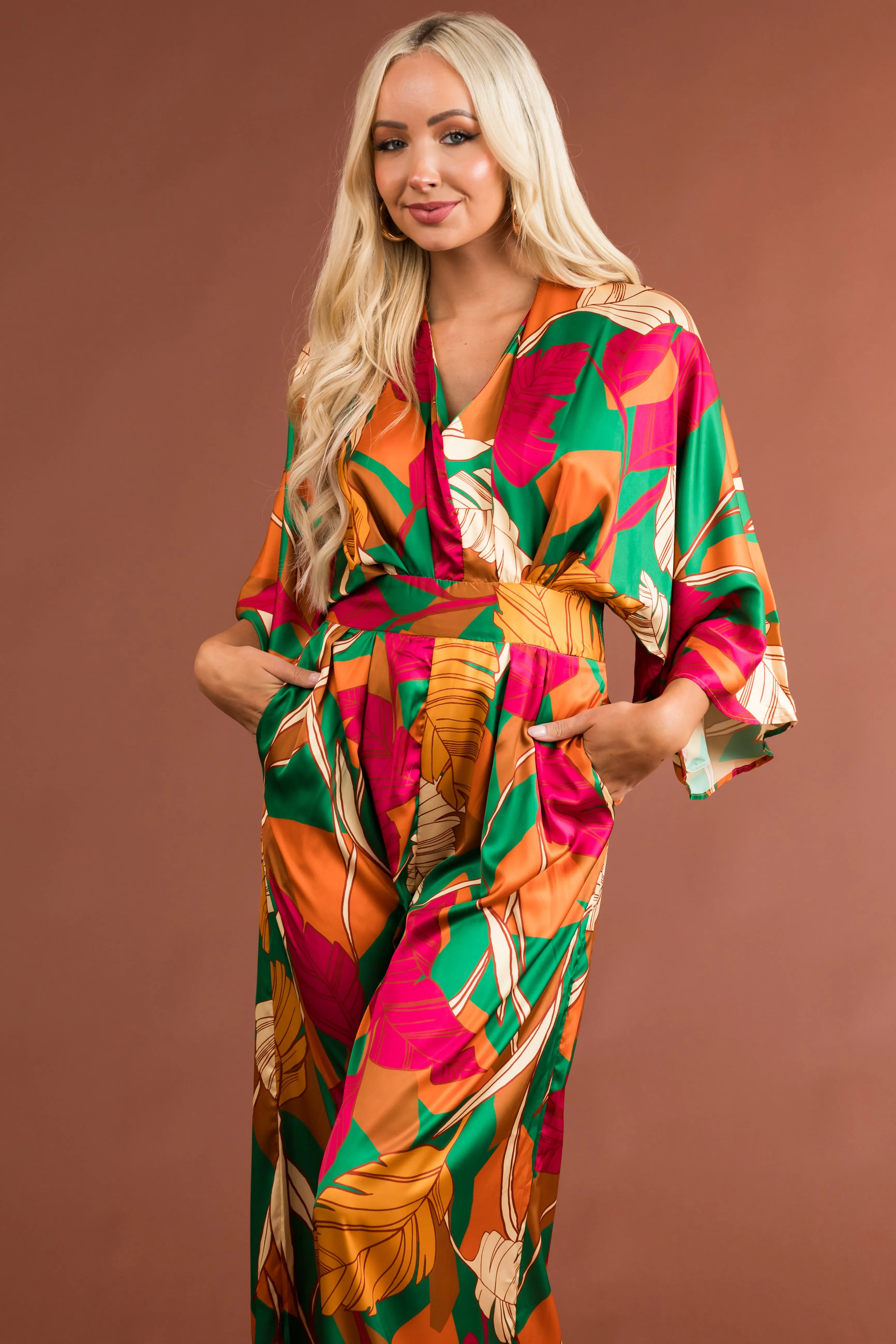 Flying Tomato Fuchsia Leaf Print Satin Jumpsuit