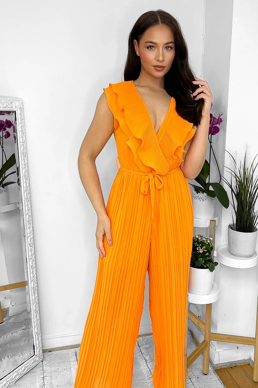 Frilled Front Sleeveless Chiffon Jumpsuit