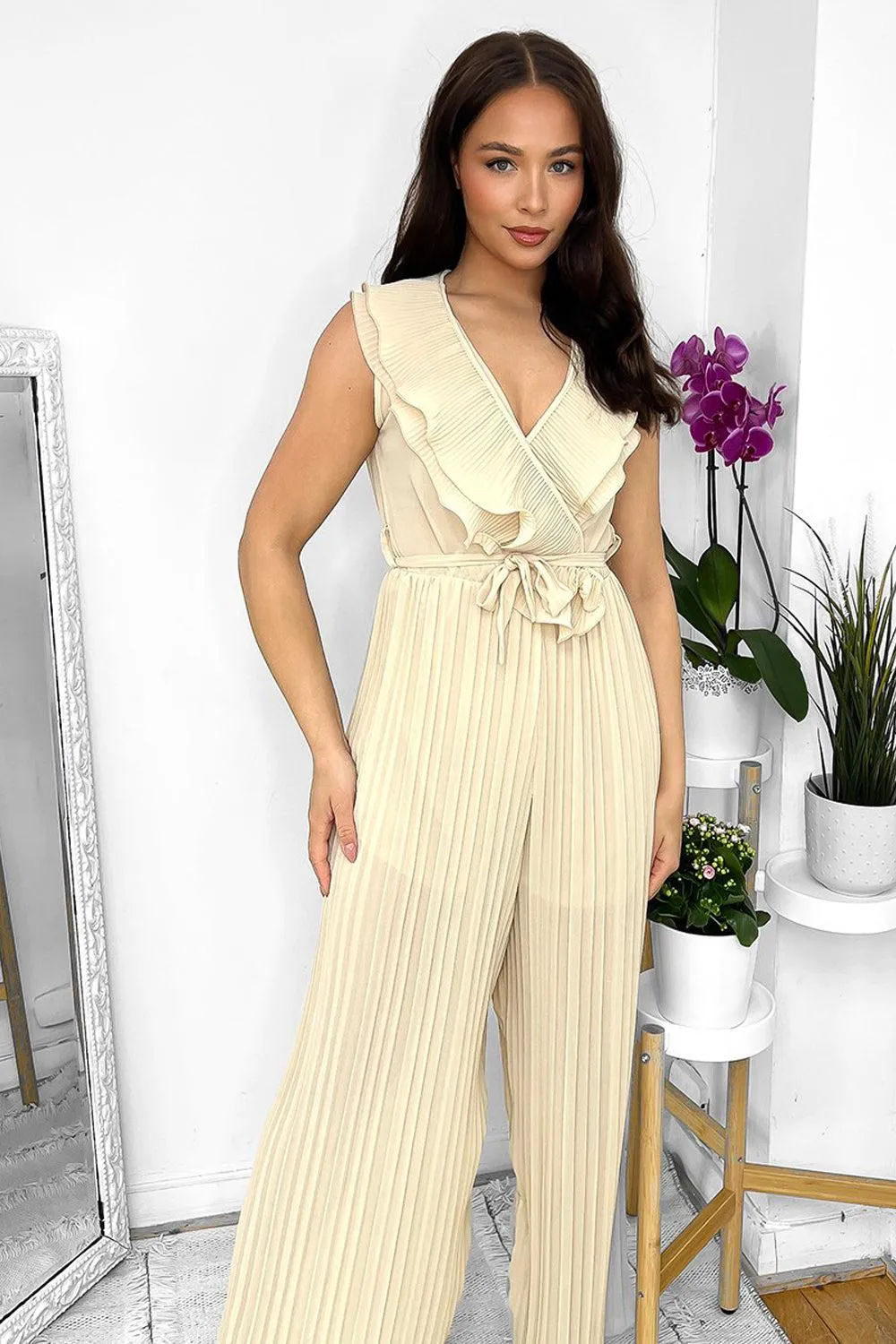 Frilled Front Sleeveless Chiffon Jumpsuit