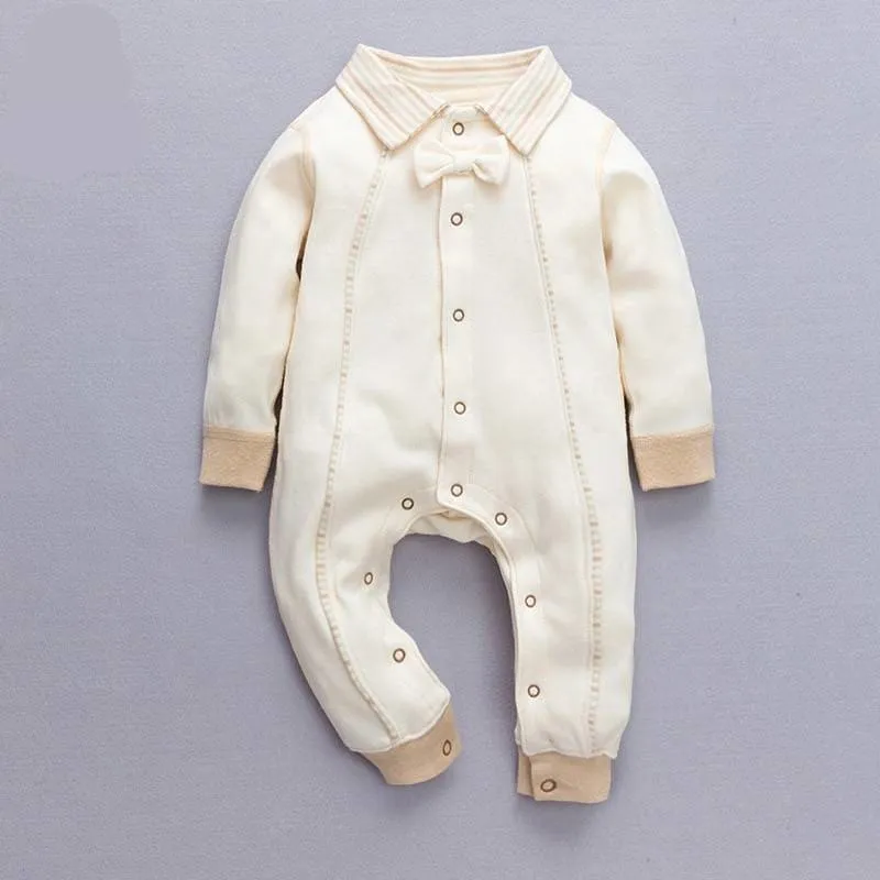 Fullsleeve Unisex Organic Cotton Baby Rompers with Buttons and Bowtie