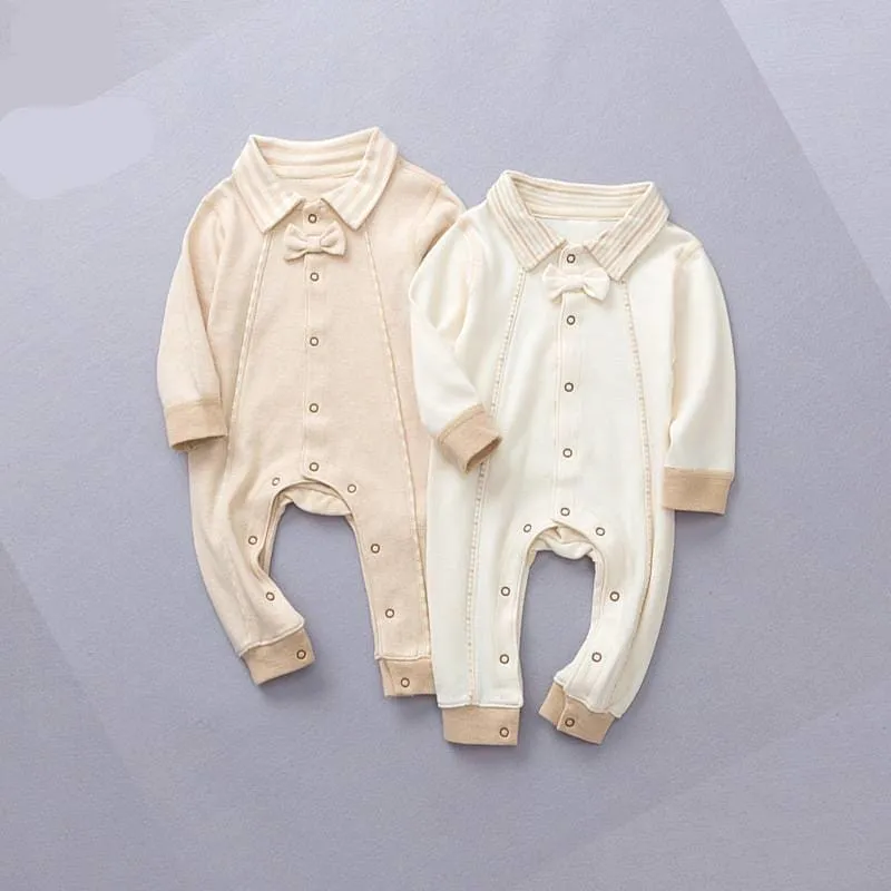 Fullsleeve Unisex Organic Cotton Baby Rompers with Buttons and Bowtie