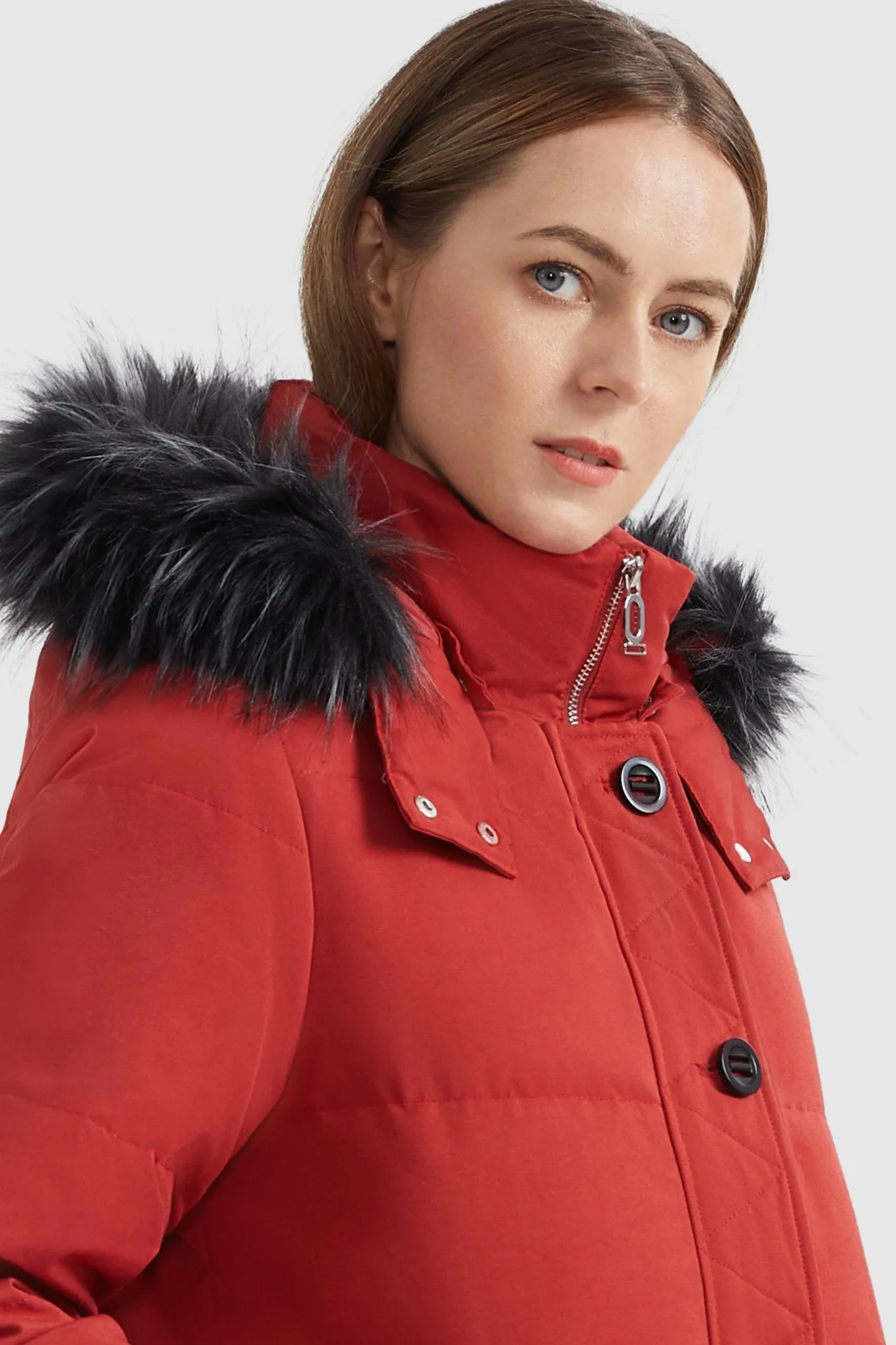 Fur Trim Hood Windproof Down Parka with Stand Collar