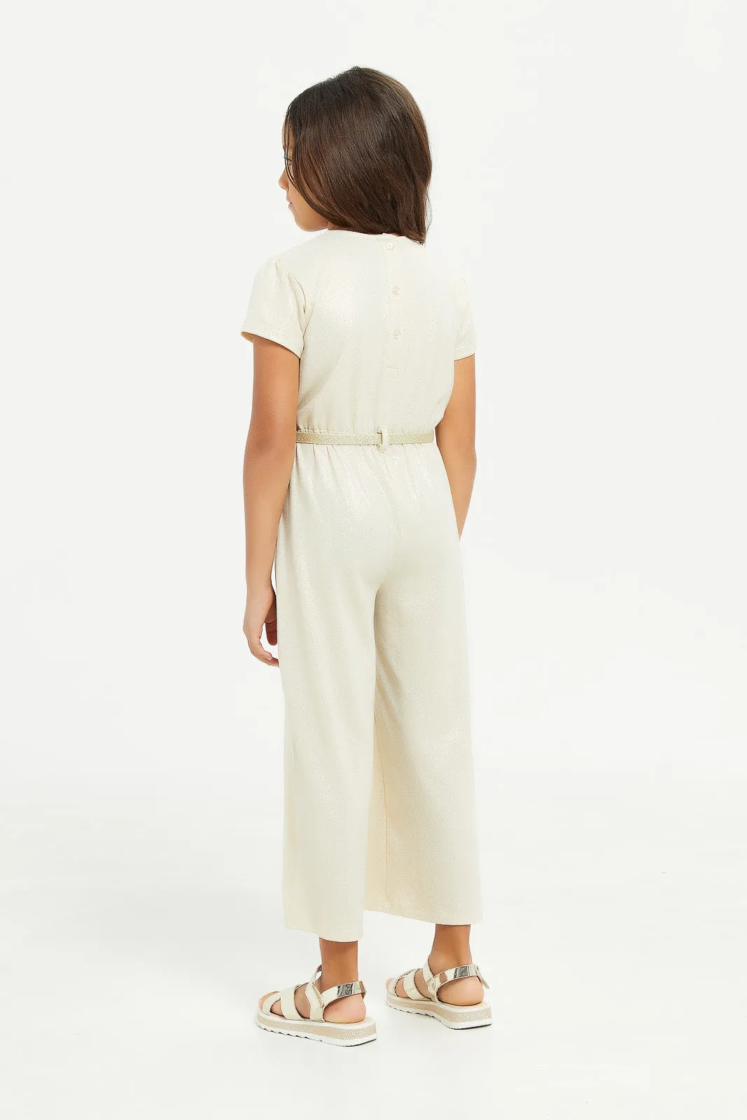 Girls Beige Embellished Belted Jumpsuit