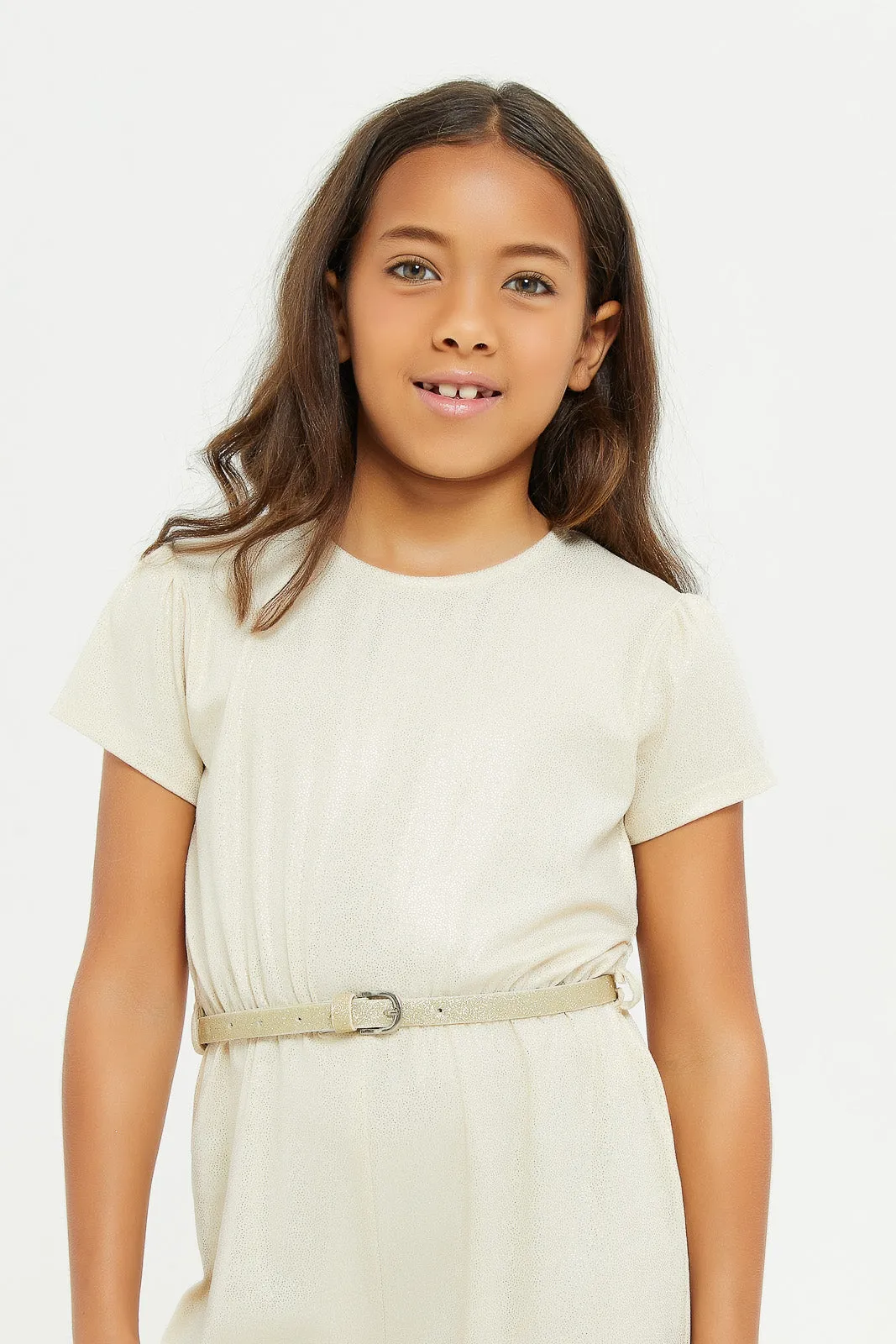 Girls Beige Embellished Belted Jumpsuit