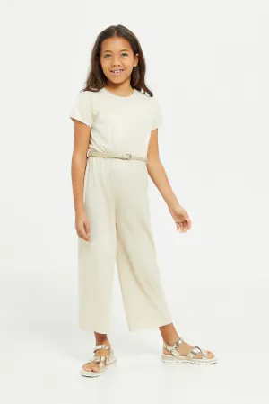 Girls Beige Embellished Belted Jumpsuit