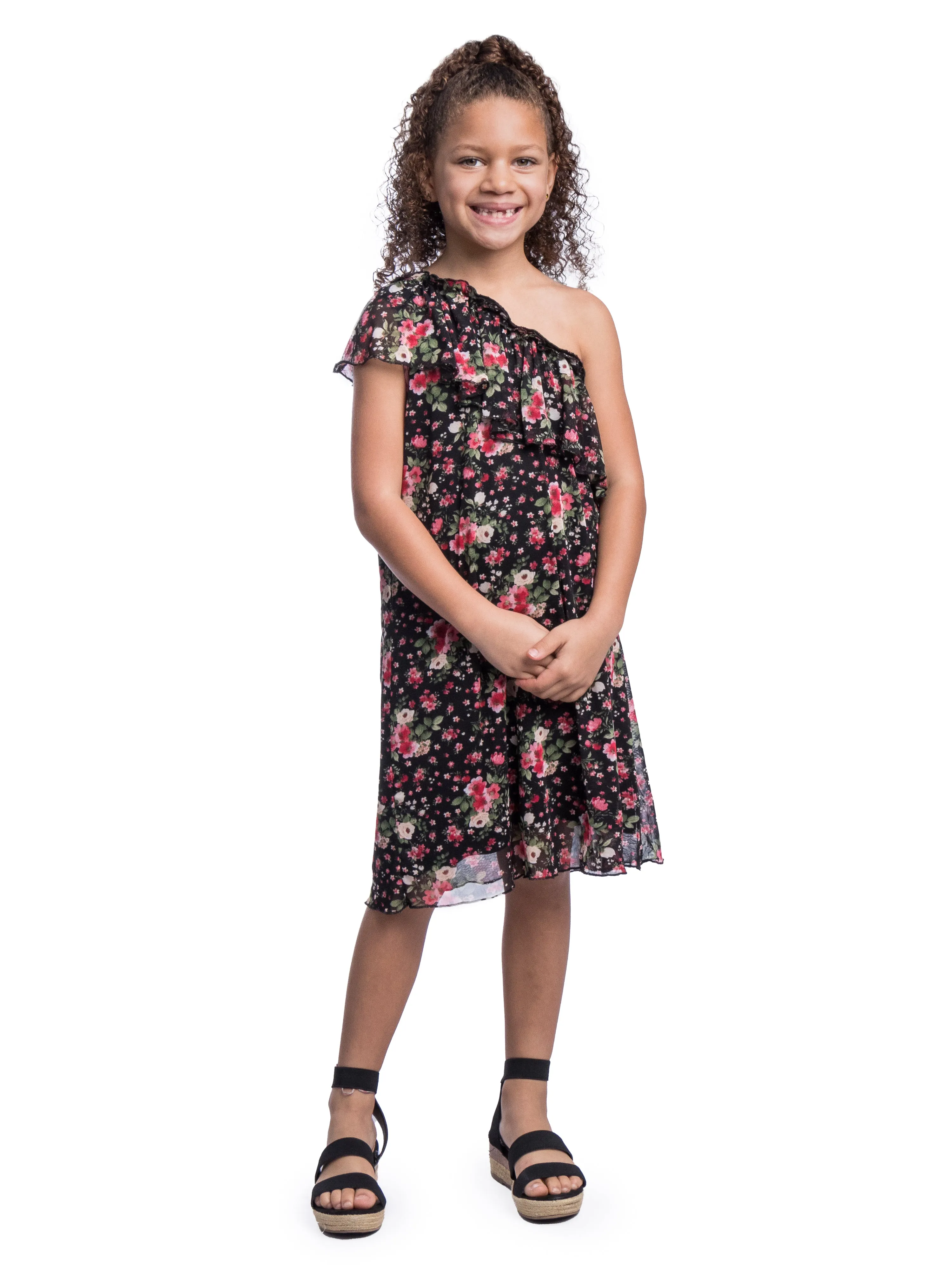 Girls Black Floral One Shoulder Ruffle Knee Length Dress