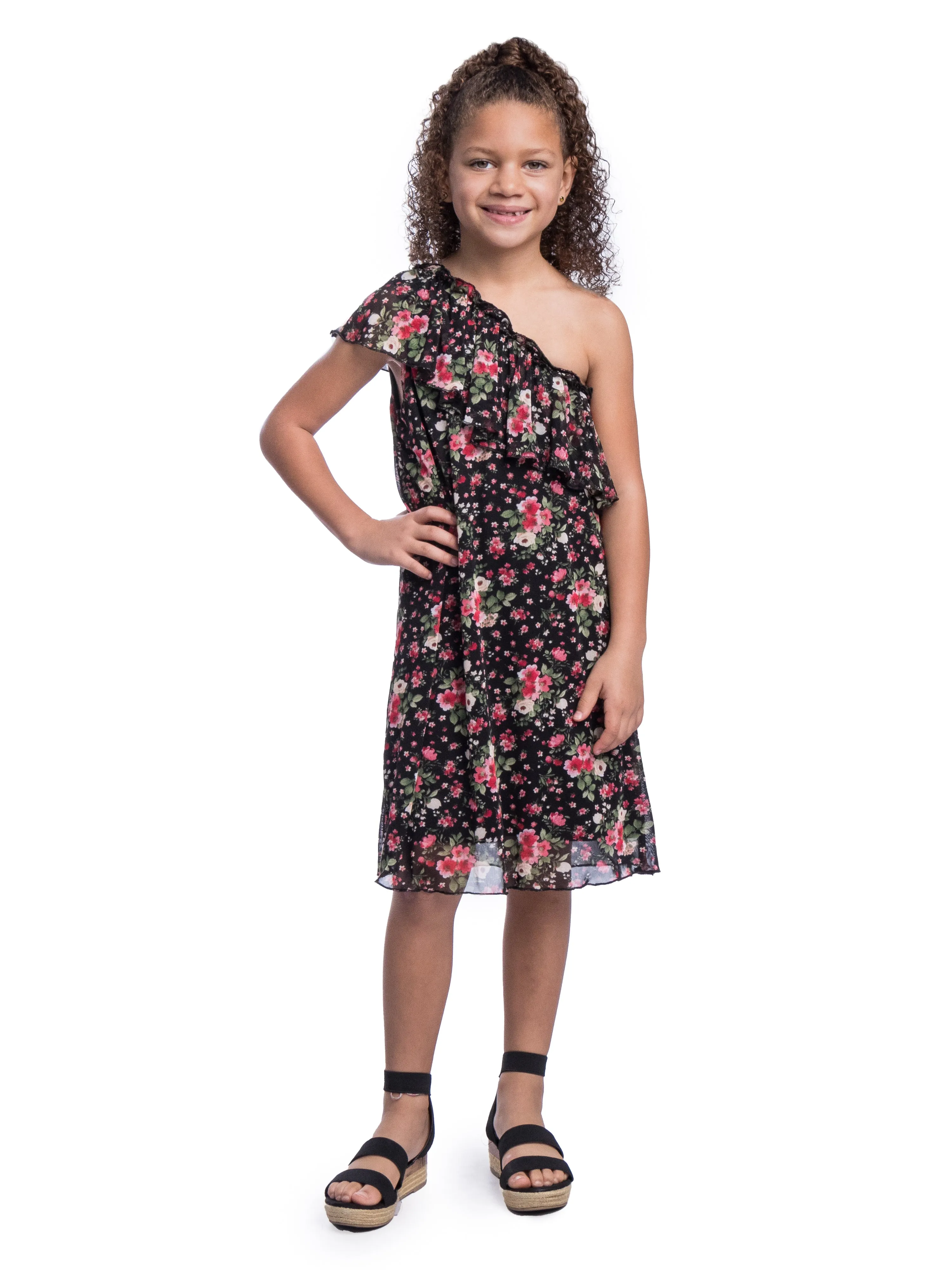 Girls Black Floral One Shoulder Ruffle Knee Length Dress