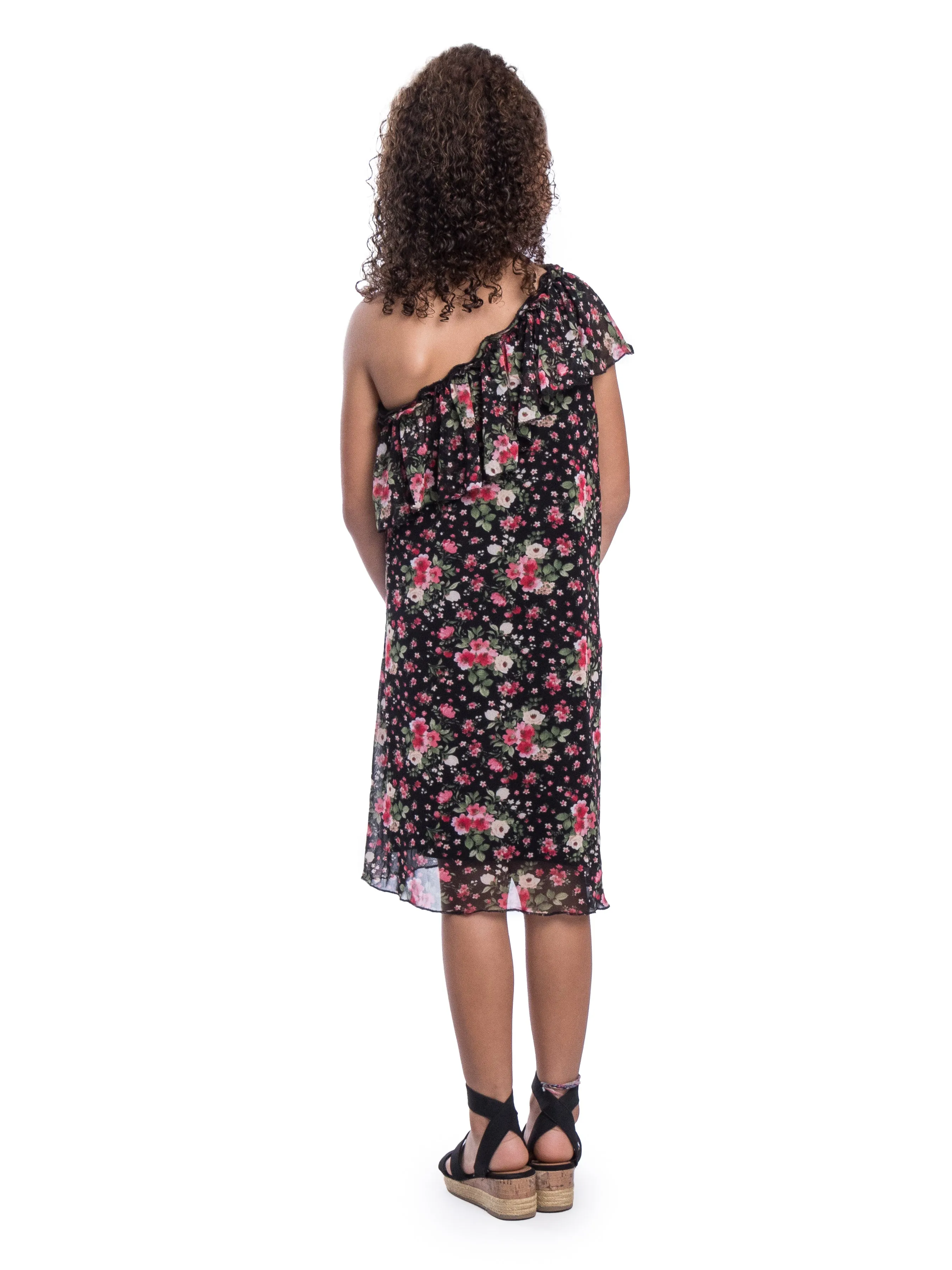 Girls Black Floral One Shoulder Ruffle Knee Length Dress