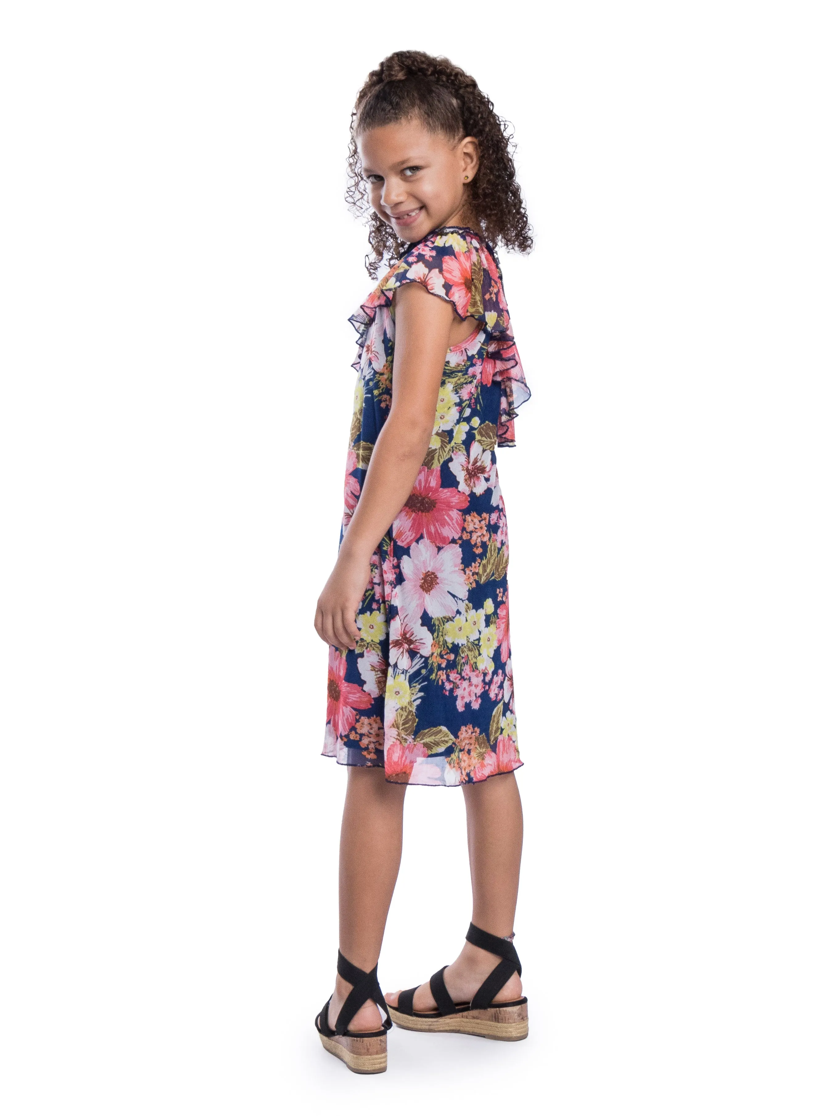 Girls Blue Floral One Shoulder Ruffle Knee Length Dress