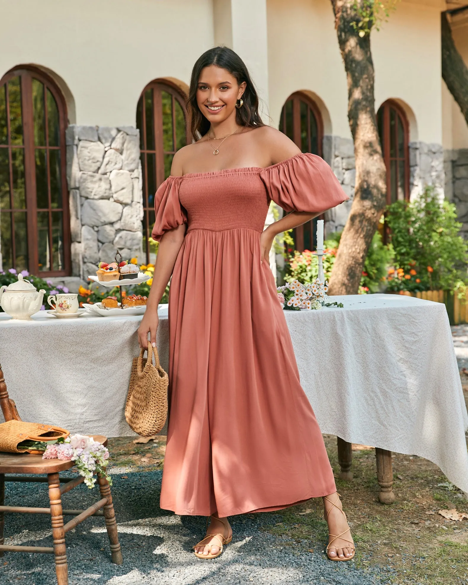 Giselle Terracotta Pink Puff Sleeve Jumpsuit