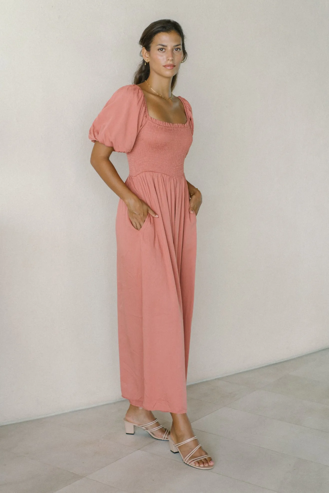 Giselle Terracotta Pink Puff Sleeve Jumpsuit