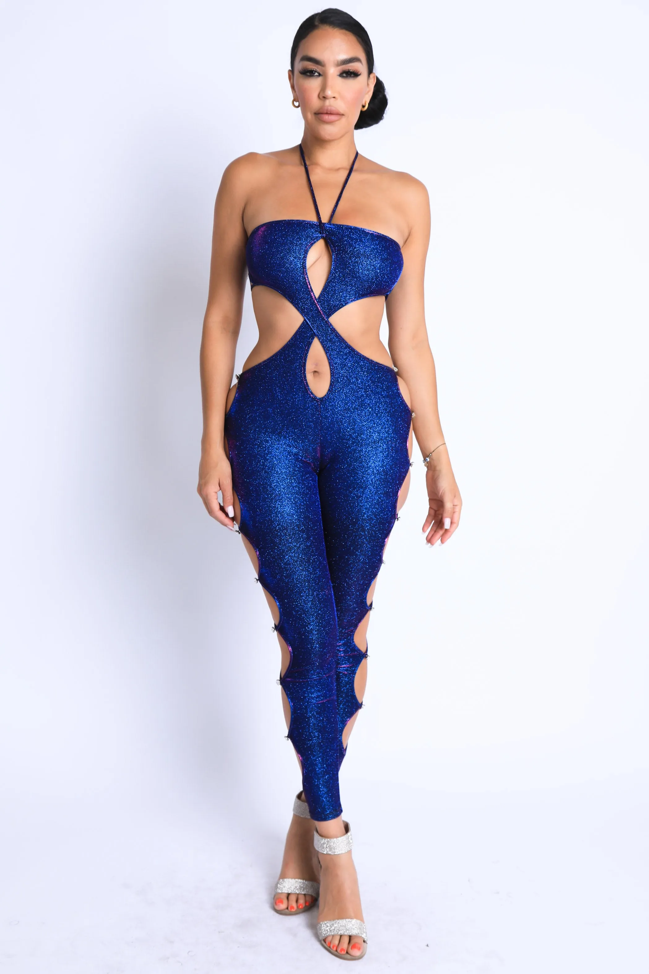 Glittery Cutout Halter Neck Keyhole Sexy Party Jumpsuit BLUE/FUCHSIA