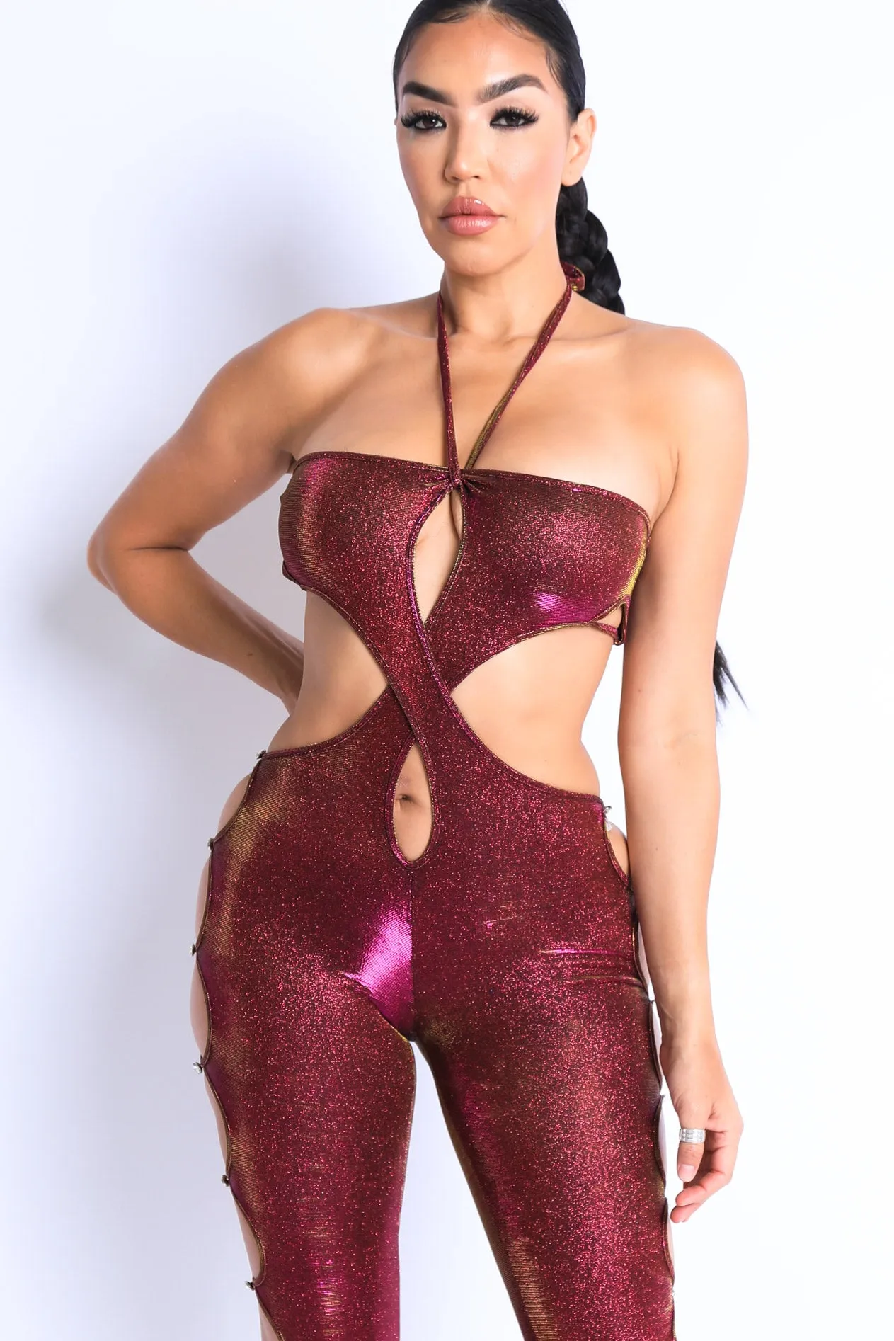 Glittery Cutout Halter Neck Keyhole Sexy Party Jumpsuit FUCHSIA/GOLD