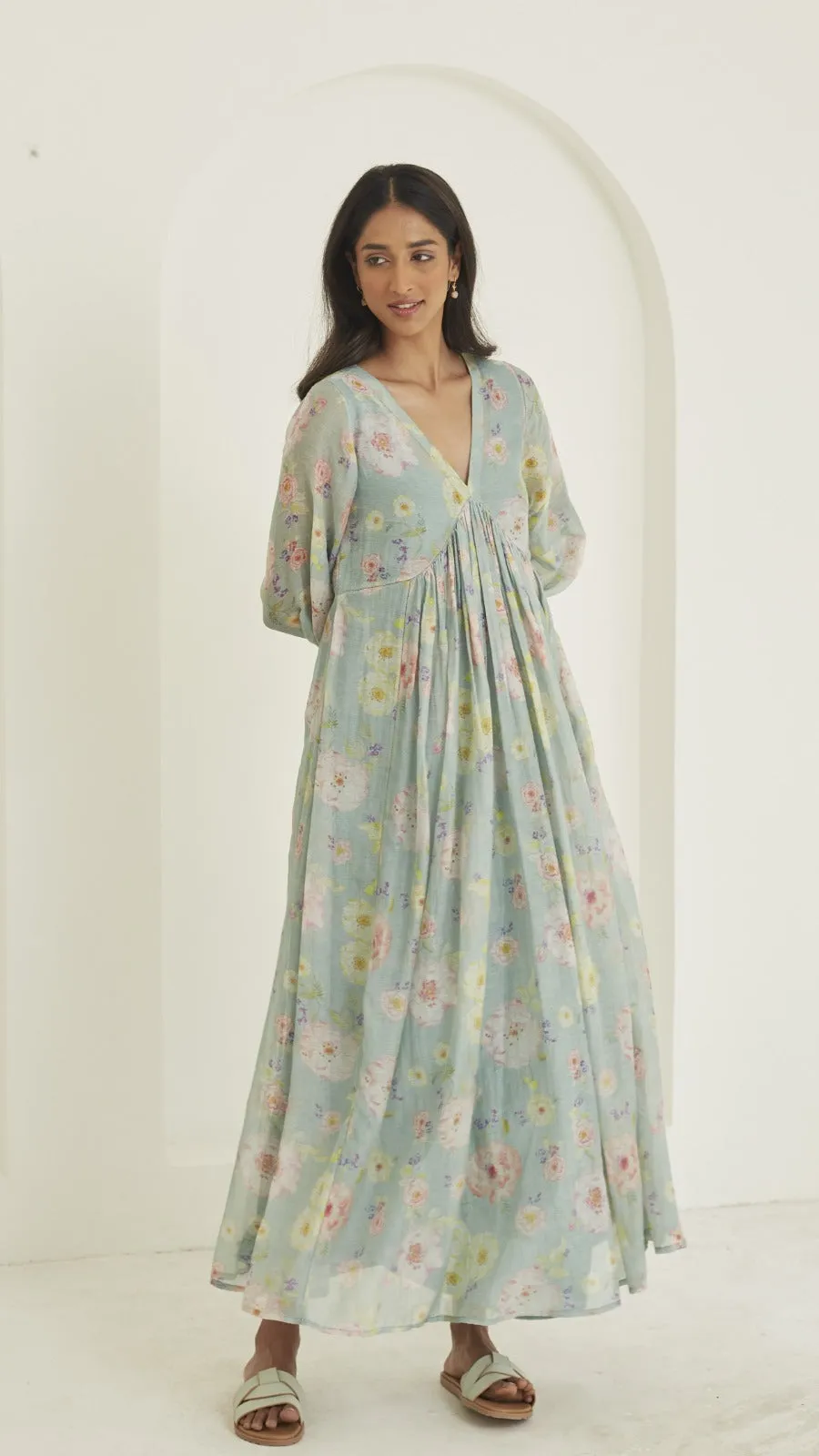 Gratitude Sage-Green Sooti Chanderi Dress