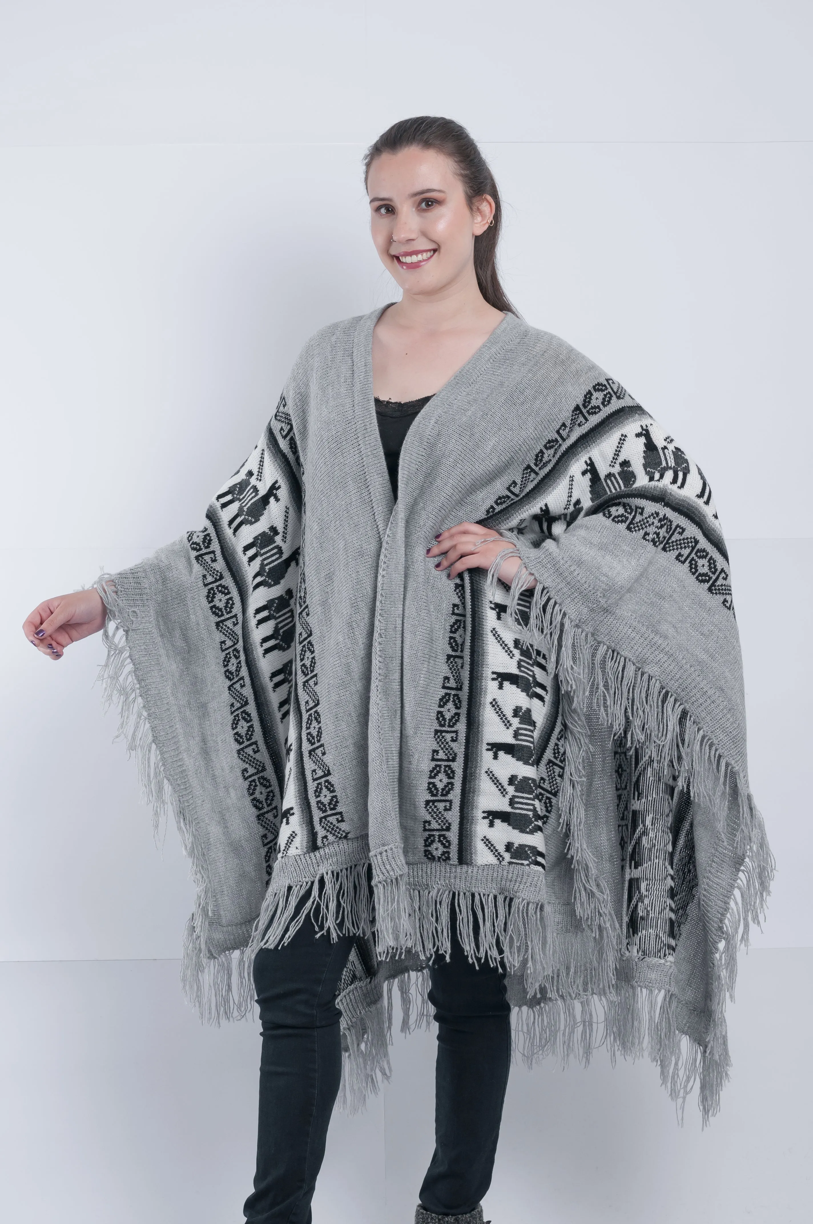 Gray Alpaca Shawl Open Poncho