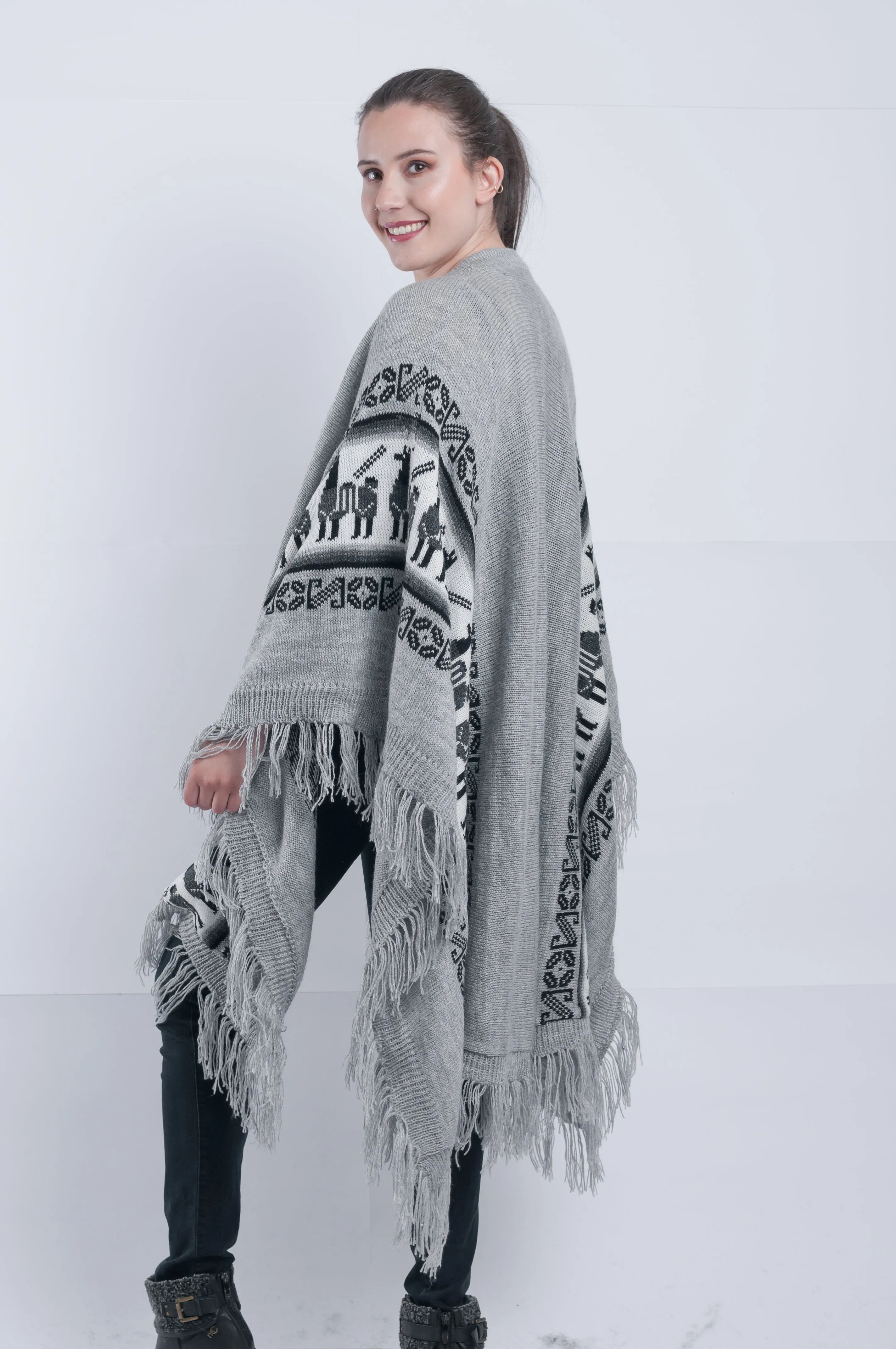 Gray Alpaca Shawl Open Poncho