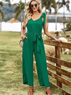 Green Bowknot Spaghetti Strap Bohemia Holiday Jumpsuit For Women