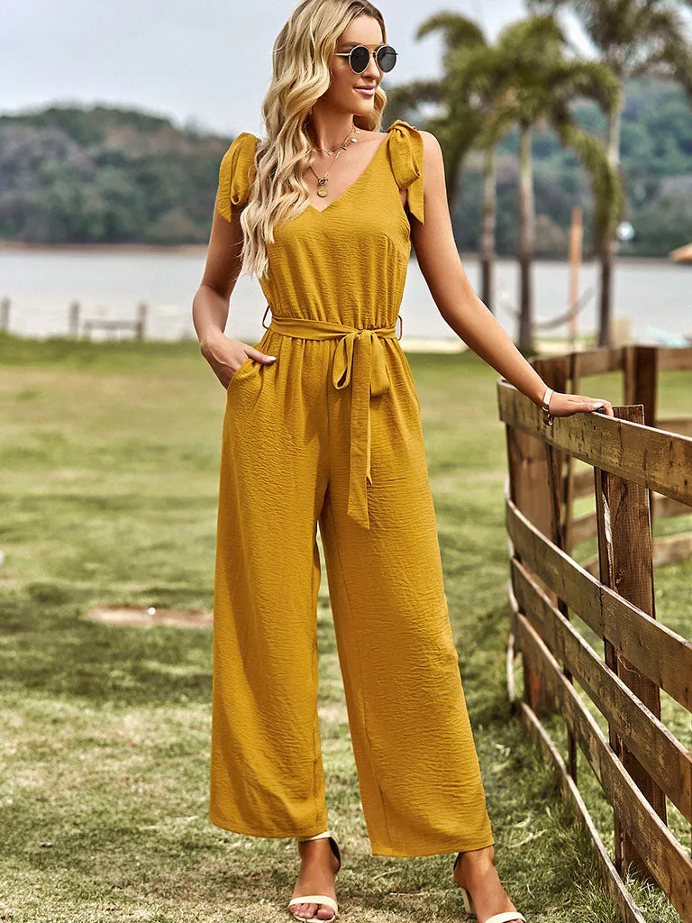 Green Bowknot Spaghetti Strap Bohemia Holiday Jumpsuit For Women