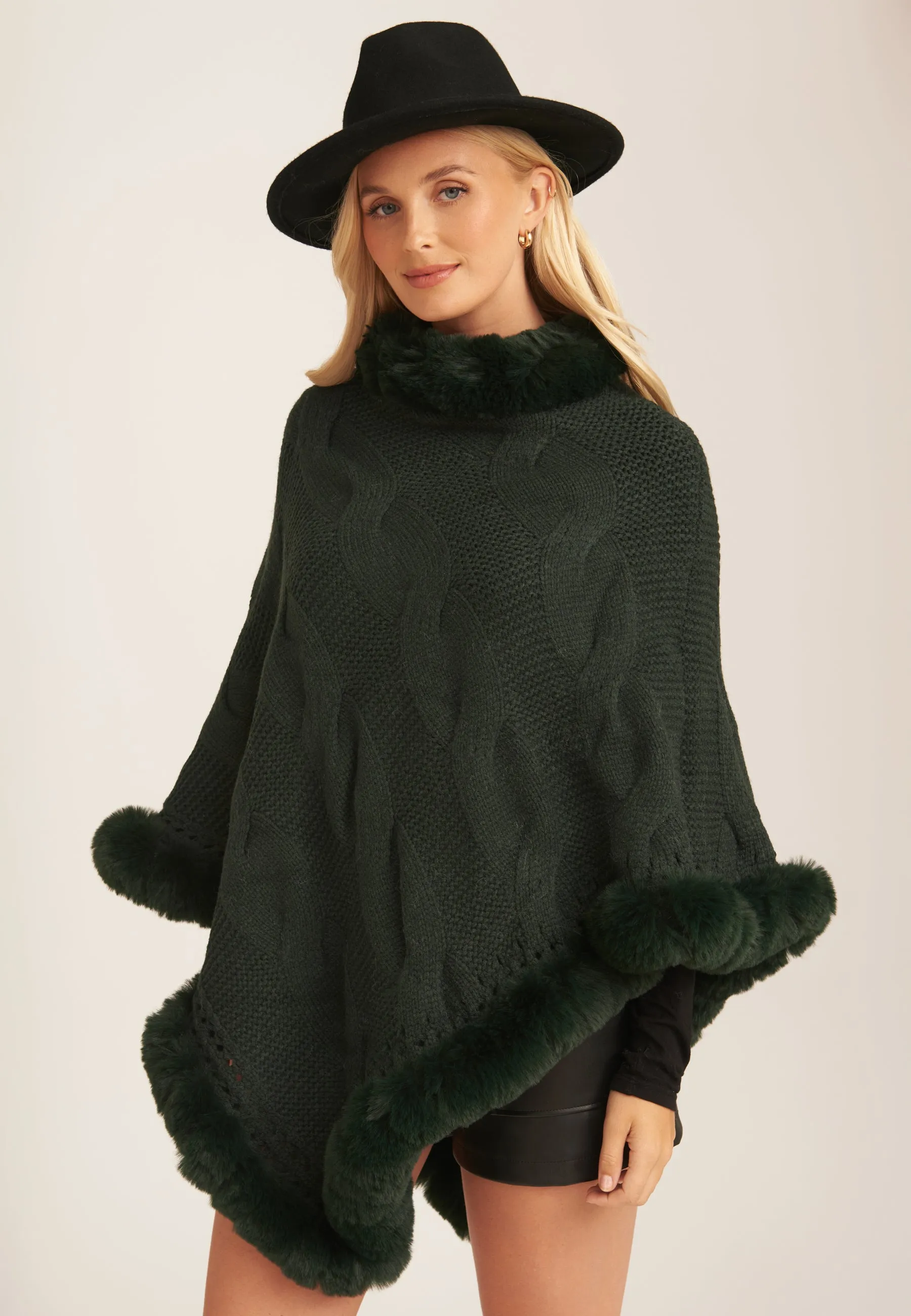 Green Fur Trim Knit Poncho