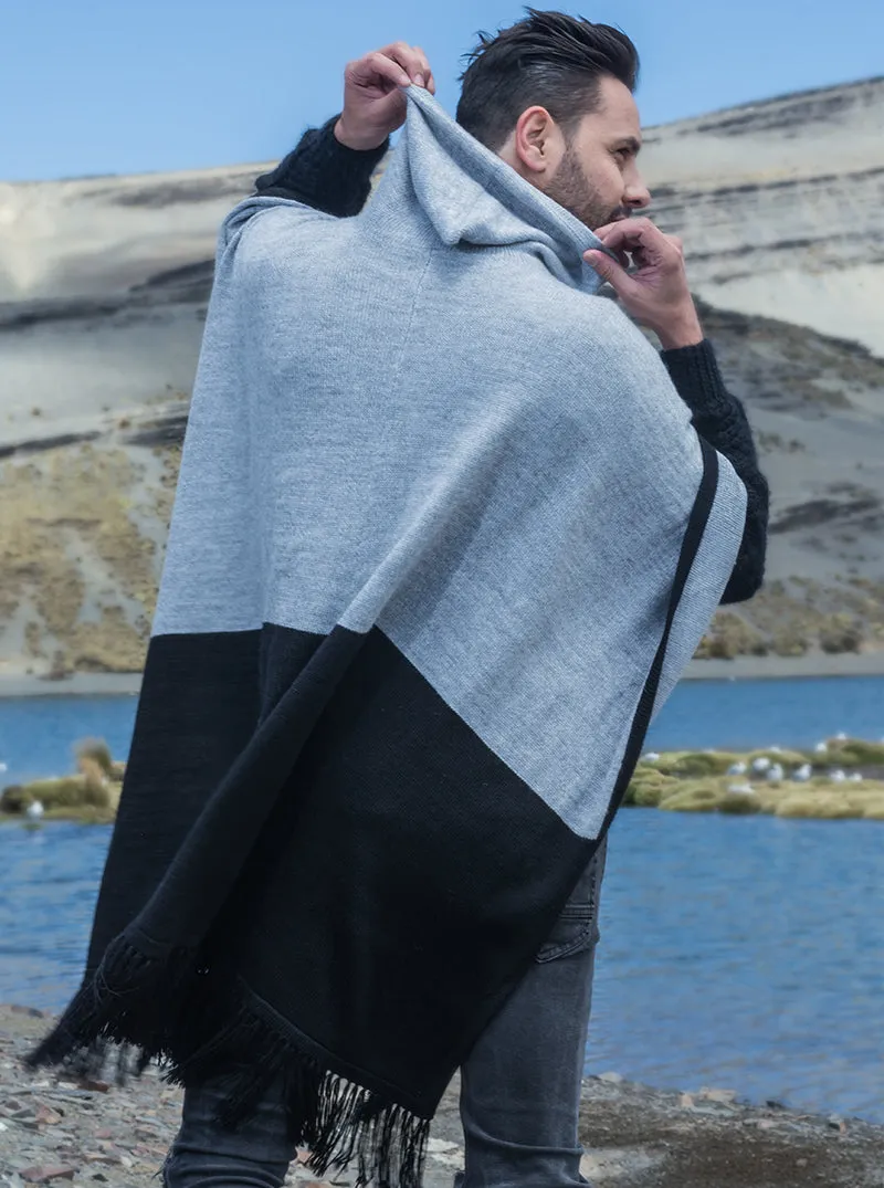 Grey and Black Hooded Poncho for Men