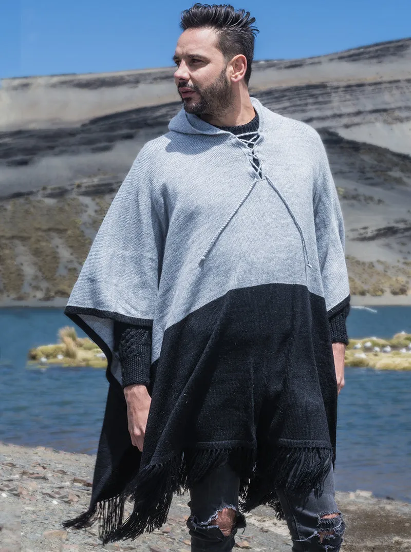 Grey and Black Hooded Poncho for Men