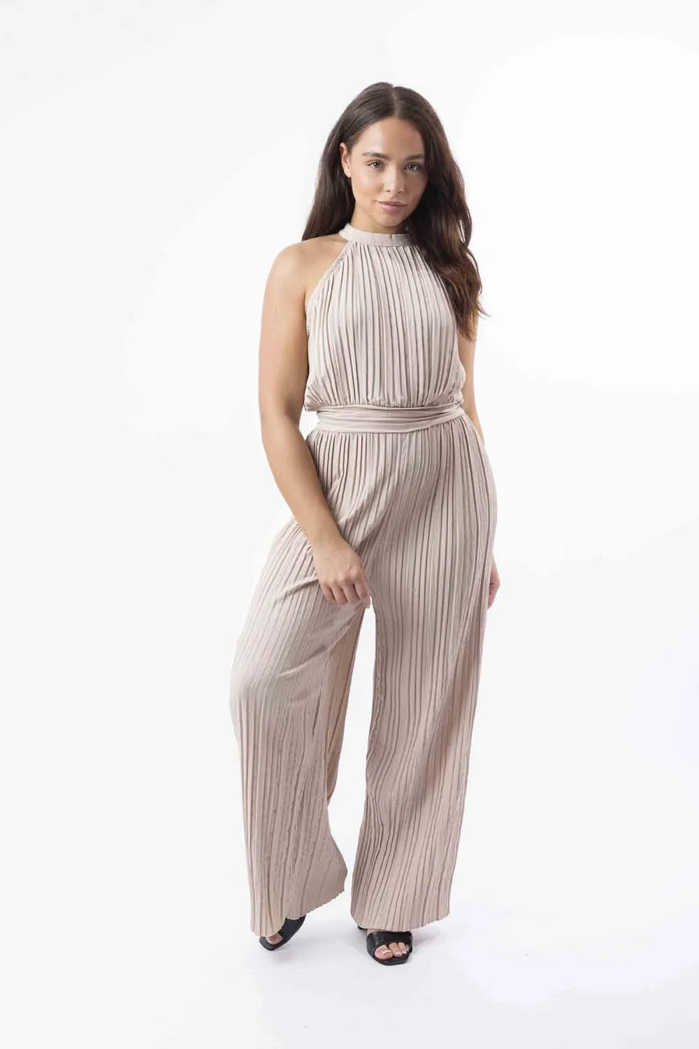 Halter Neck Plisse Straight Leg Chiffon Jumpsuit