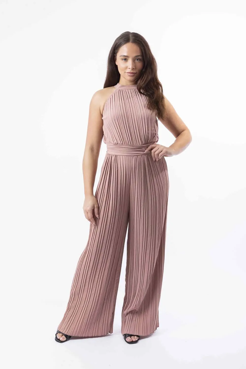 Halter Neck Plisse Straight Leg Chiffon Jumpsuit