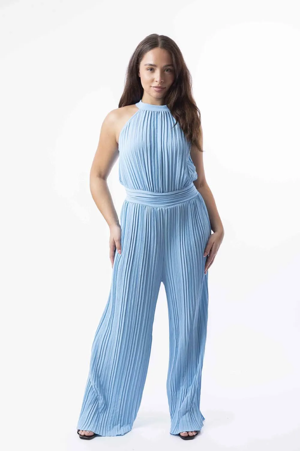 Halter Neck Plisse Straight Leg Chiffon Jumpsuit