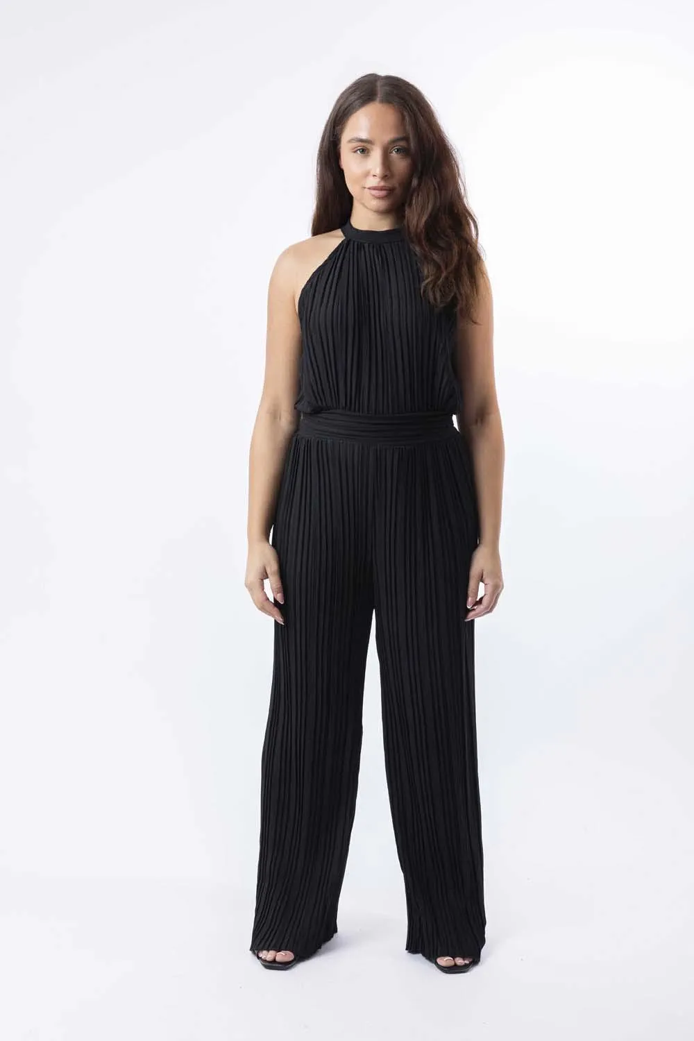 Halter Neck Plisse Straight Leg Chiffon Jumpsuit