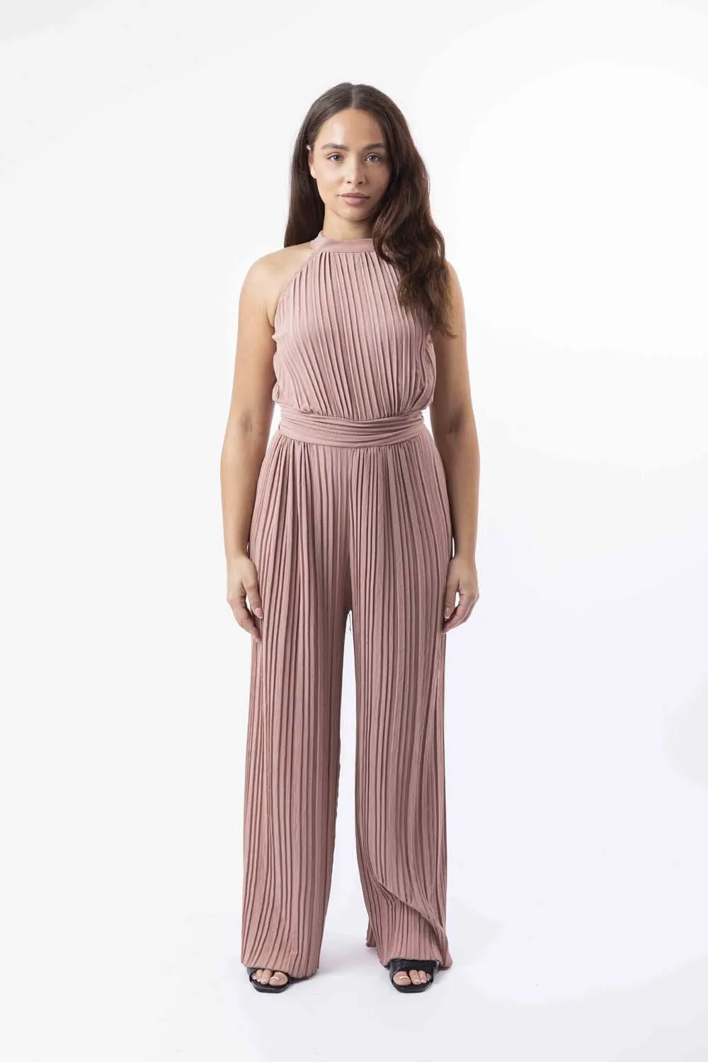 Halter Neck Plisse Straight Leg Chiffon Jumpsuit