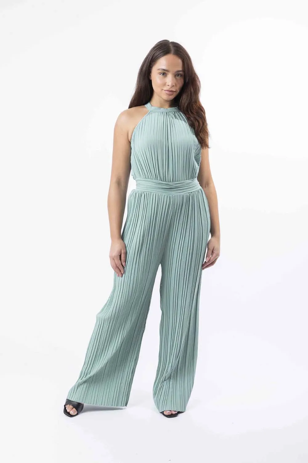 Halter Neck Plisse Straight Leg Chiffon Jumpsuit